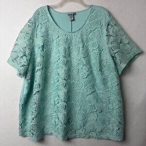 Catherines top‎ size 3X butterfly lace blouse mint green EASTER SPRING shirt